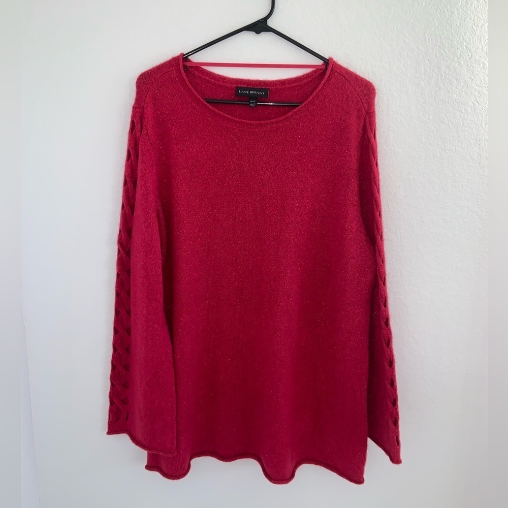 Lane Bryant Fuchsia Pink Lattice Cut Out Long Sleeve Shimmer Sweater NWT - Picture 3 of 15